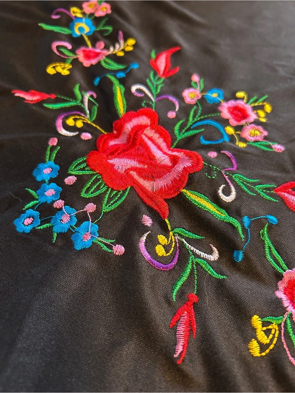 Black Triangle Shawl with fringe Multi-colored Floral Embroidered Mexican Floral